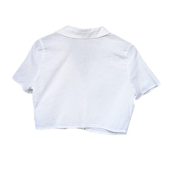 Simons White Cropped Linen T-Shirt with Buttons Women Size Medium - Picture 2 of 9